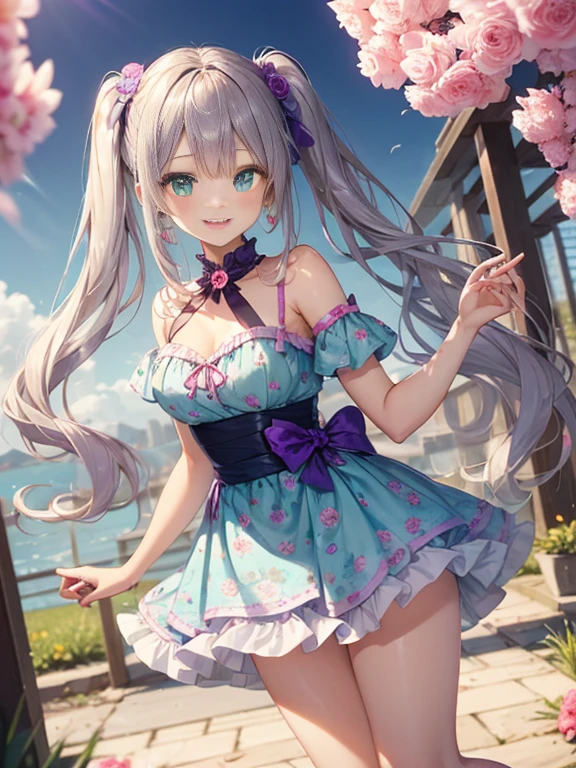 小さなgirl、The arrival of spring、Big Ass、 (alone:1.5,)Very detailed,Bright colors, Very beautiful detailed anime faces and eyes, Look straight ahead, ;d, Shiny_skin,girl, ((Silver long hair,The inner color is red 、forehead is exposed.、Green Eyes、、Shiny hair, Delicate beautiful face, blush、(Turquoise Eyes), White skin, Valletta, Earrings,、blue flower field、(((Pink ruffled dress with floral print、Purple Mini Skirt)))、Twin tails、smile、smile、Face dyed red