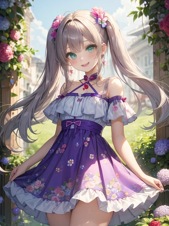 小さなgirl、The arrival of spring、big butt、 (alone:1.5,)Super detailed,bright colors, very beautiful detailed anime face and eyes, look straight, ;d, shiny_skin,girl, ((silver long hair,Inner color is red 、forehead is exposed.、green eyes、、shiny hair, delicate beautiful face, blush、(turquoise eyes), White skin, Valletta, earrings,、blue flower field、(((floral pink ruffle dress、purple mini skirt)))、twin tails、smile、happy face、face dyed red