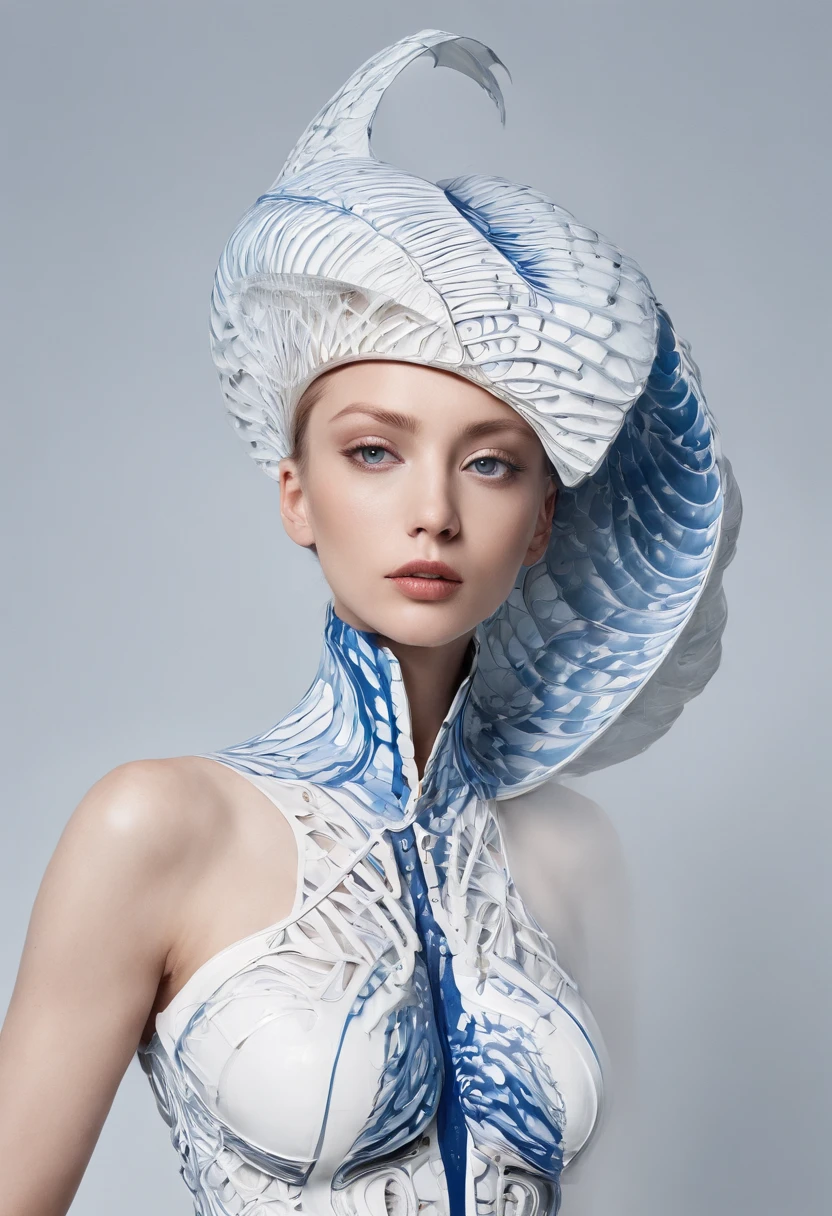 Clothing creative fashion design,Iris van Herpen designer style,Marine life curve,Sense of lines,bone structure,Symmetrical design,Blue and white lines,Highlight sexiness,French model,Large Breasts,Most popular