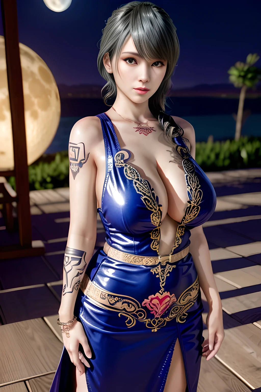 1 girl,standing posture, (Floor-Length Gow), nighttime,moon,( huge breasts:1.1),cleavage,shiny skin,lip gloss,( tattoos:1.2), masterpiece, best quality, realistic ,Surrealism,Rich artistic colors, 8K,3D,Portrait art,solo, tamaki