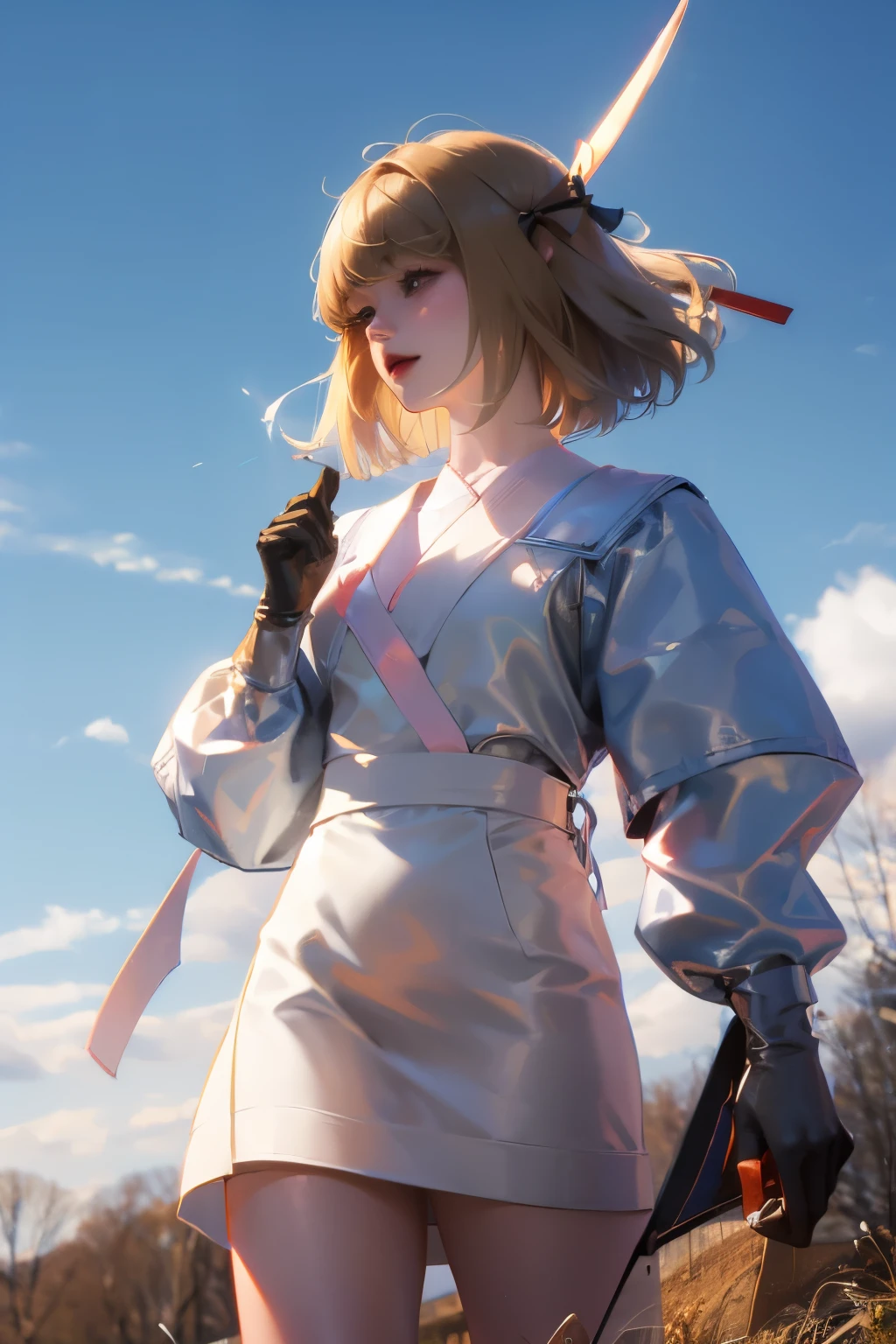 ((masterpiece,best quality)),1 Girl,Solitary, (((Chisato Nishiki))), short hair, Light hair, Solitary, skirt, Detail eyes, Looking at the audience, Long sleeve, permanent, white skirt, Gloves,Hair accessories, Black jacket, Smile, Flowing hair, Hook of Holland, Shut up, Look away, (Central Park),partly cloudy, Blue sky, warm color,