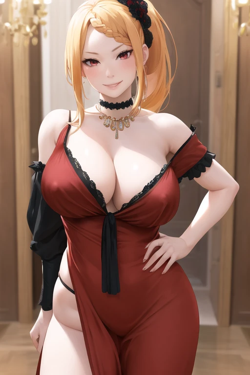 masterpiece,best quality,high resolution,8k1woman,(realistic:1.3),pale skin,fighter,(blonde braided bangs low ponytail hair:),(seductive cool smile:1.3),red eyes,(large breasts:1.3),(large ass:1.1),small nipples,red long dress,choker,bare shoulders, hair ornaments,clavicle, necklace, Cleavage, , Detachable black sleeves, indoor, chandelier,, Are standing,clothed,Open fan,