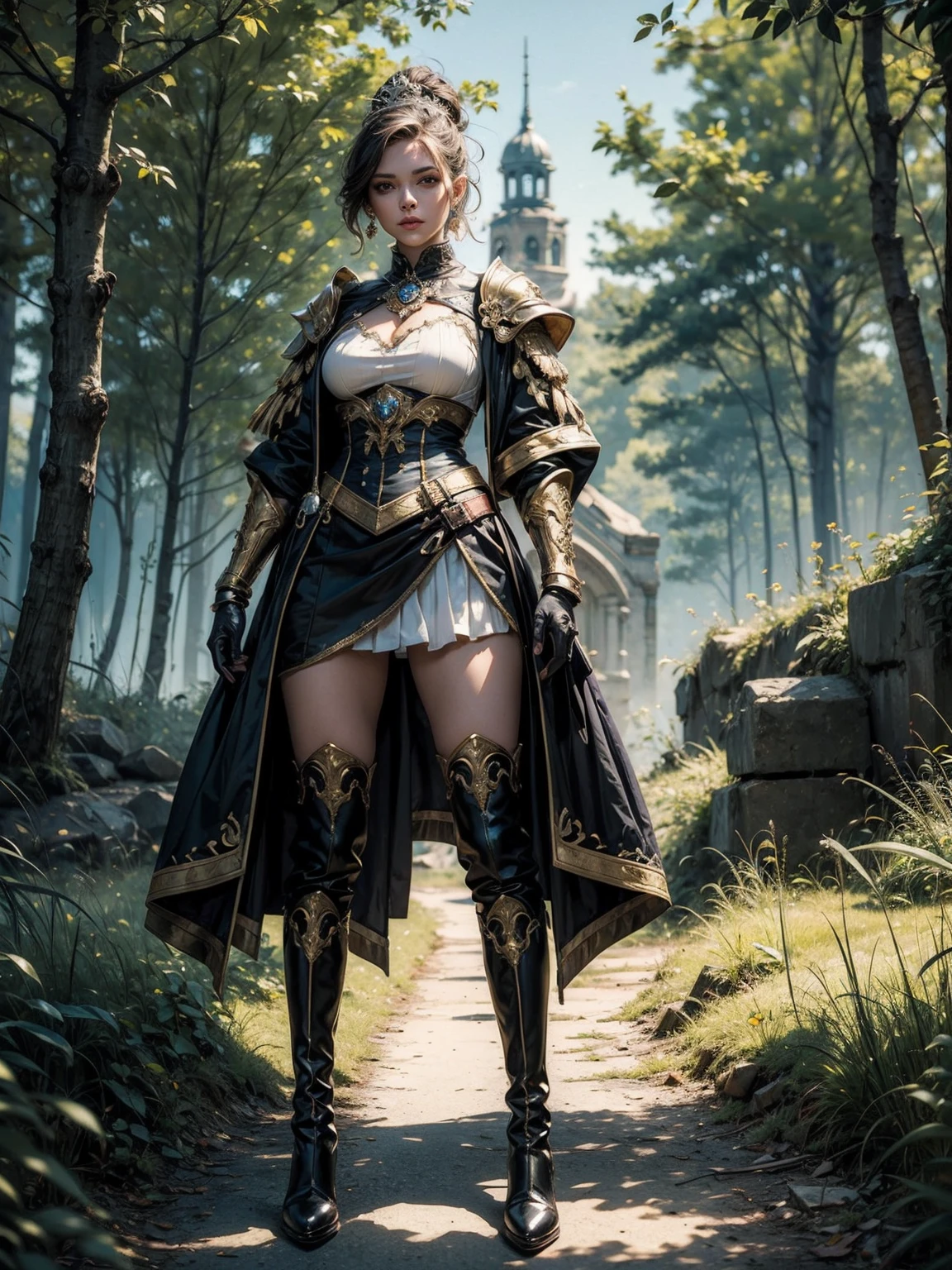(tall 17 years ol girl with long legs and slender body), (standing pose), (body facing to the viewer), (short hair), (tutututu), (high heel boots:1.3),full medium breasts,medium round breasts, 1 girl, (black updo:1.2), (steel armor:1.1) royalty ornate (embroidery:0.5), skinny (Gorget Plackart pauldron :1.3), (black gloves), (mini skirt with random colors), (masterpiece:1.5) (illustration:1.1) (best quality:1.5) (extremely detailed) (intricate) (8k) (HDR) (cinematic lighting) (bright lighting) (sharp focus), standing, outdoors, grassland, forest in background, perfect lighting, smooth, hdr