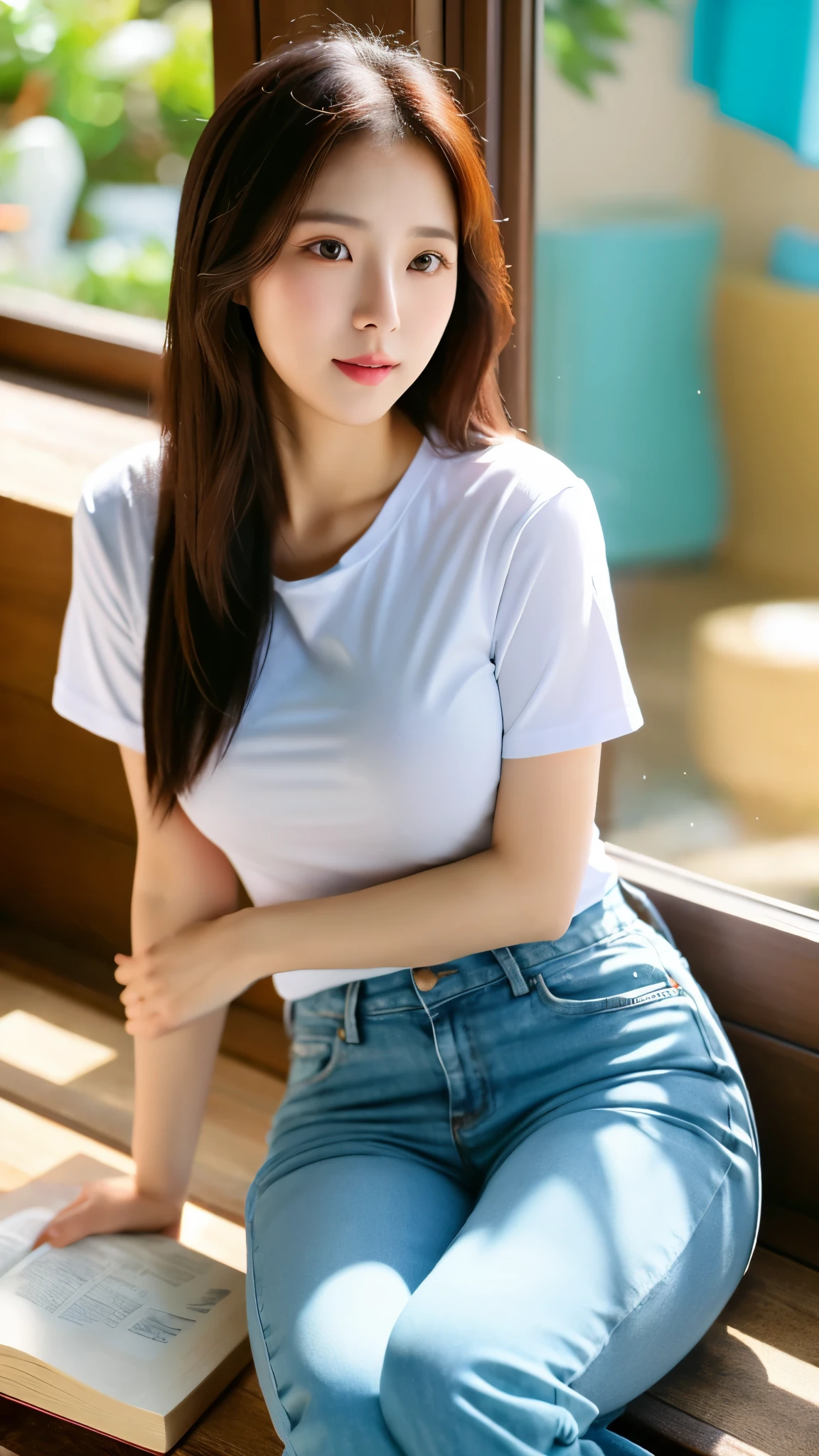 close-up of beautiful korean female, 34 inch breasts size, wearing short sleeve shirt, pants, sitting beside the window, reading a book, bokeh background , UHD