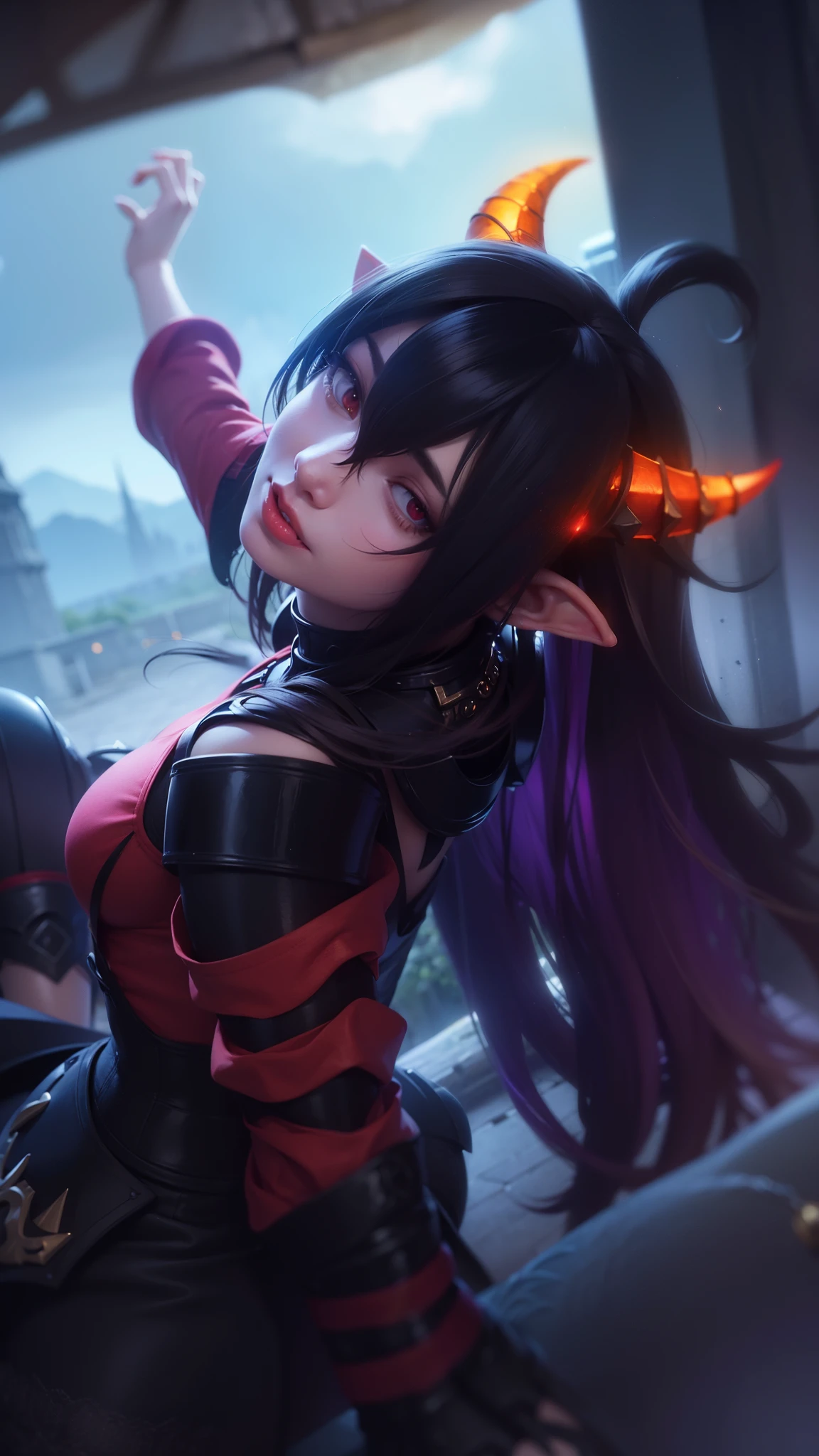 (female:1.2), 8k, ultra hd, ultra detailed texture, hyper realistic, masterpiece, detailed texture, detailed face, detailed skin, detailed lighting, (photorealistic:1.5), best quality, beautiful lighting, cinematic lighting, professional lighting, ultra highres, realistic, detailed hair, real hair, high quality, (realskin:1.5), extremely detailed, finely detail, ultra-detailed, 1girl, solo, elf, pointy ears, standing, demon horns, forehead protector, (red eyes:1.5), v-shapped eyebrow, lips, red lips, evil smile, nose, make up, pretty, beautiful, cute face, long hair, blue hair, high ponytail, large breasts, cleavage, armpit, navel, stomach, black armor, pauldrons, bare shoulders, shoulder armor, thigh high, sleevless, detached sleeves, breastplate, gauntlets, karina \(mobile legends\), depth of field, looking aways, white skin, skin tight, amazing pose, outdoors, glowing, dark view, elf ears.