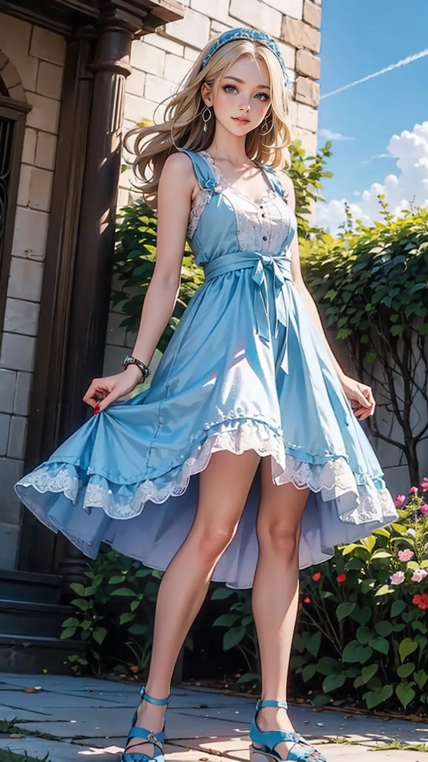((最high quality, 8K, masterpiece: 1.3, Ultra HD, high quality, 最high quality, High resolution, realism)) 、(High saturation:1.0), (Highly detailed skin), (最high quality:1.0), (超High resolution:1.0) ,(Realistic:1.0), (Very detailed:1.0), (8K, Raw photo:1.1), slender、Slender, muscular body that's toned like an athlete's、I want my head to stay off screen、Wear accessories on your wrist、Wearing red nail polish、I have a peticure、25-year-old Caucasian female、Platinum Blonde、blue eyes、long hair、Hair above one eye、smile、Skater Dress((skater dress))wear、Wear lace-up sandals、In a palace courtyard with flowering hedges、The blue sky is beautiful