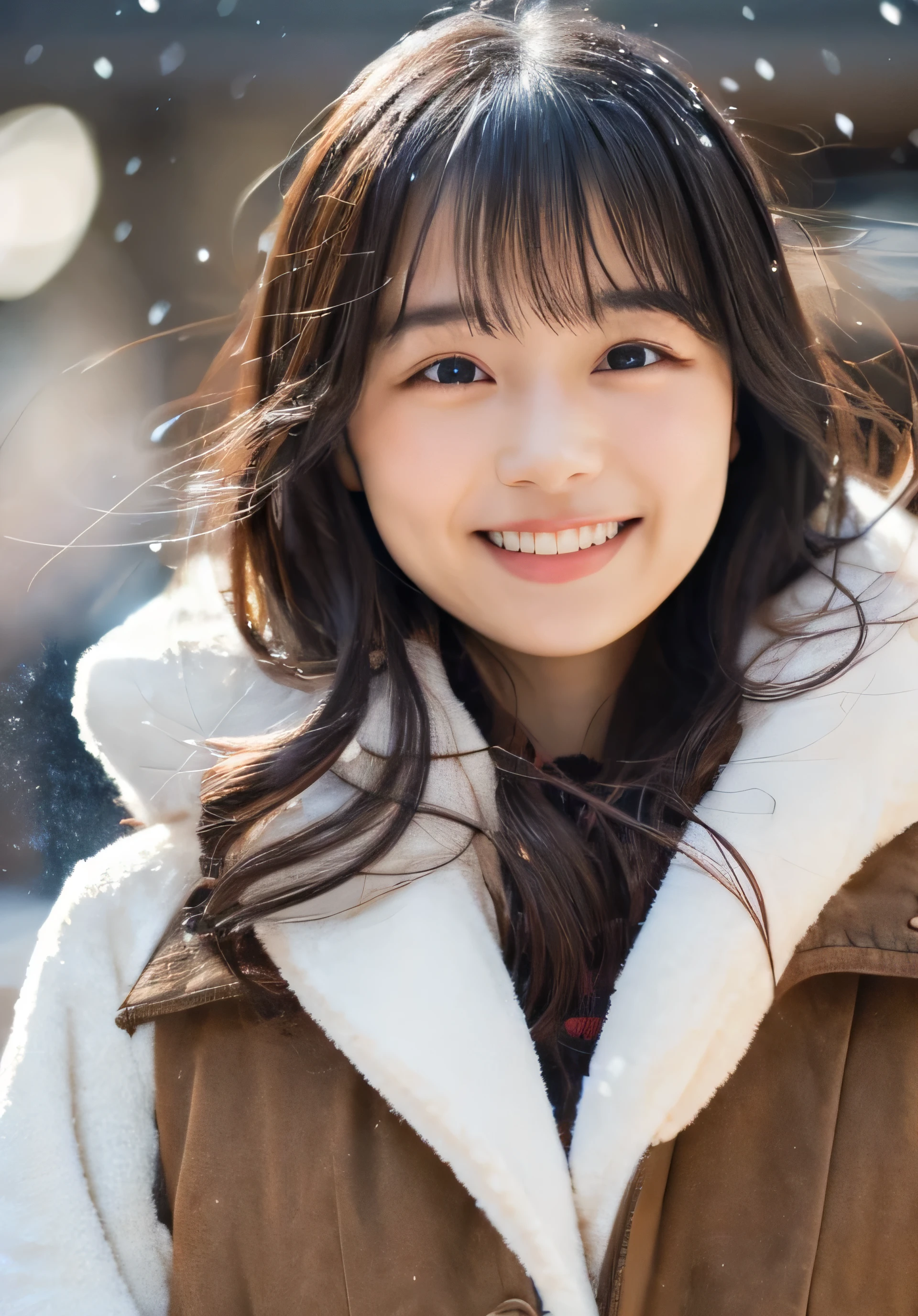 1 girl, (Parted bangs、put on a coat:1.2), (RAW Photos, highest quality), (Realistic, Photorealistic:1.4), Tabletop, Very delicate and beautiful, Very detailed, 2k wallpaper, wonderful, finely, very detailed CG Unity 8k wallpaper, Very detailed, High resolution, Soft Light, Beautiful detailed girl, Very detailed目と顔, Beautiful and detailed nose, finely beautiful eyes, Cinema Lighting, Illuminations that light up the city on a snowy night, Snow Scene, that'it's snowing, Perfect Anatomy, tense air, Straight Long Hair, Looking at the audience, smile, Portopia Serial Murders, Disappearing into the Sea of Okhotsk, Tracking、Fluffy scarf、