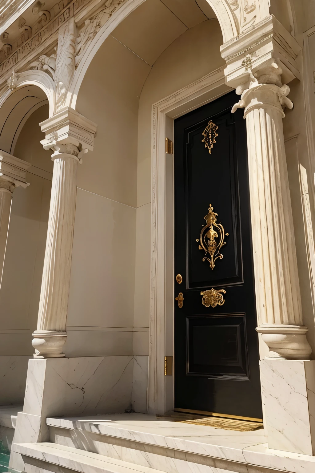 A captivating close-up of a white neo-classical building, showcasing intricately carved columns and ornate details. The black door, adorned with golden hardware, stands out against the pristine background. A balcony extends from the second floor, casting dappled shadows on the building's facade. This exquisite architectural marvel, a testament to neoclassicism style, boasts grandeur and elegance. Neoclassical architecture, with its classical elements and symmetry, leaves one in awe, as if stepping into a masterpiece of art and history.