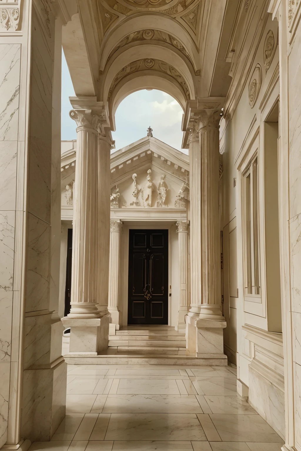 A captivating close-up of a white neoclassical building, boasting a grandiose black door and an elegant balcony, bathed in the soft glow of twilight. The neo-classical style architecture stood proud, showcasing intricate details and a sense of timeless beauty. Traits of neoclassicism, including symmetry, grandeur, and refined ornamentation, were apparent in every facet of the building's design. The classical columns and Doric friezes added an air of grandeur, while the ornate balustrades and pediments exuded an exquisite level of craftsmanship. Like a masterpiece from a bygone era,