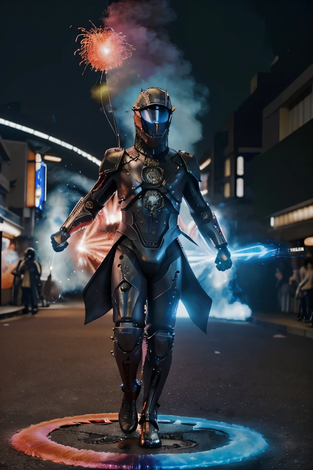 Un hombre con una armadura futurista negra con luces rojas y una capa holografica son una espada ardiendo en fuego , saliendo por un portal circular de colores rosas y rojos , en las calles de tokio japon