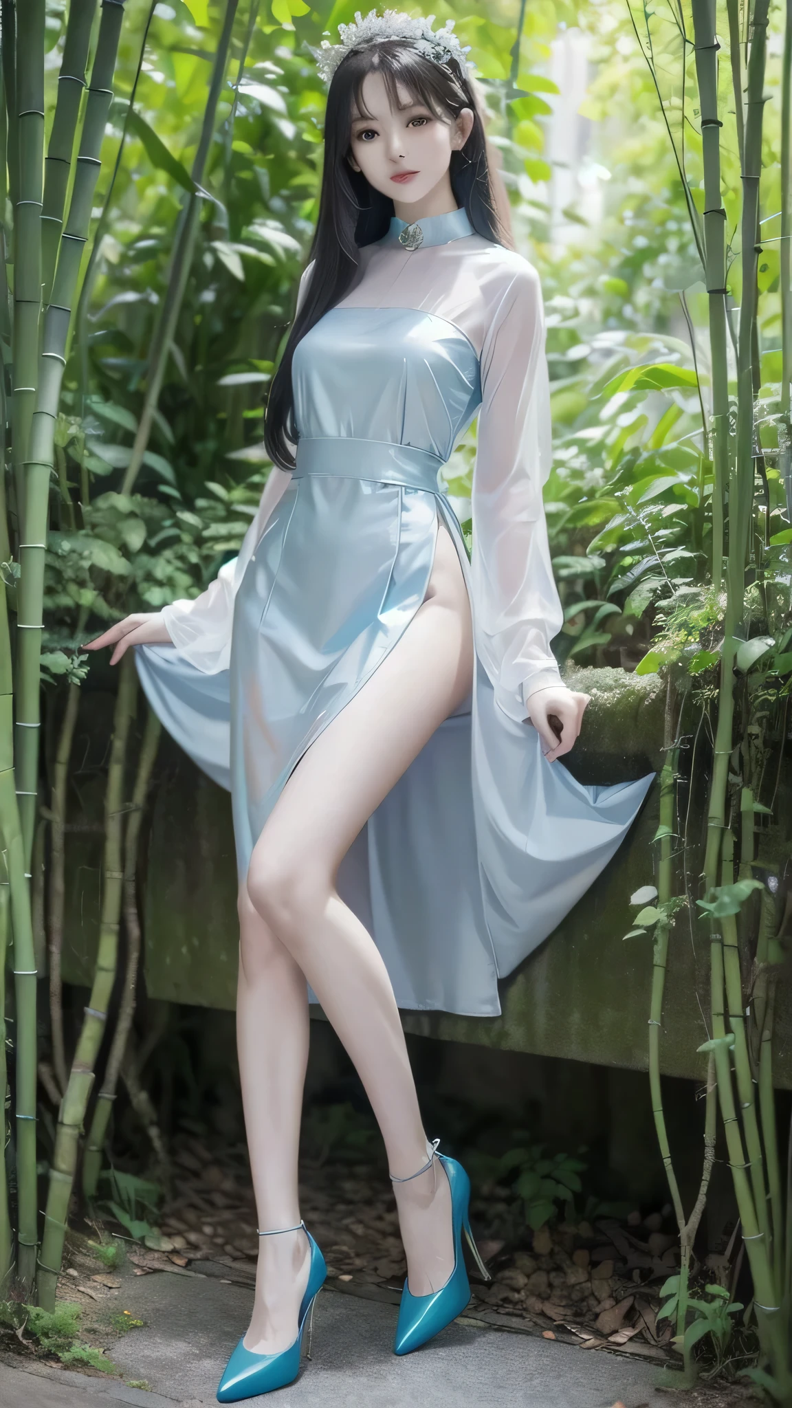 1 female々,(Standing posture:2.0), (Legs outstretched:2.0),(Height 2/3 is the foot:2.0),white glossy skin, Age 25, A small, elegant face, Red lips, Parted lips, ( Hair parted to one side:1.5), blue eyes, smile, Elegant young woman, long blonde shiny hair, choker,(Blue silk blouse :1.3)(Silver metallic silk pleated skirt :1.3), (Blue pumps:1.2), Natural wavy hair, Almond Eye,Slender figure, Tight waist, Beautiful Hands, Narrow shoulders, View here, Bamboo forest at daytime