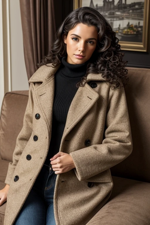 Model Realistic Vision V6.0 B1 V5.1 (foot) a very beautiful girl，Shoulder-length black curly hair, Caitlin Winters (Caitlin Winters) That face and figure!!!!! Wearing a beige autumn coat!!!!!!!and black jeans !!!!!! She sits on the sofa!!!!! Embroidery in the form of a pattern can be seen on the jacket and sleeves!!!! All jackets and sleeves have patterns!!!!! Sexy Girls, , Posing in a coat , Beautiful woman, ((masterpiece)), ((best quality)) , High Detail,, 最High Detail, ah, High Detail, color, fair, HDR, Reality,unusual fashion, fashion cloth