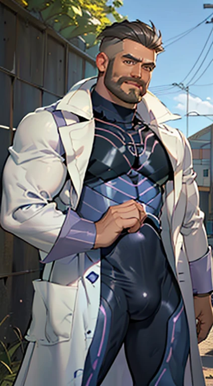 (masterpiece, Best Quality:1.2), Cowboy Shot, Solo, Male Focus, 1boy, Pokemon Touro, Closed mouth, Looking at Viewer, Open clothes, ((labcoat)), ((purple bodysuit),  muscular guy, burly, hunk, Hot, big shoulders, big muscle, musculature、 (hyperdetailed face), smirking, standing on a green hill, bright sunlight