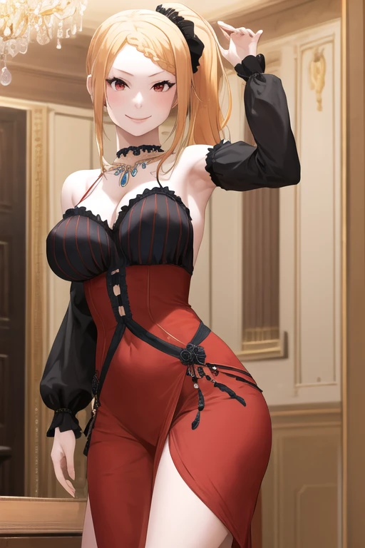 masterpiece,best quality,high resolution,8k1woman,(realistic:1.3),perfect face,perfect body,pale skin,fighter,(blonde braided bangs low ponytail hair:),(seductive cool smile:1.3),red eyes,(large breasts:1.2),(large ass:1.1),small nipples,red  long dress,choker,bare shoulders, hair ornaments,clavicle, necklace, Cleavage, , Detachable black sleeves,  indoor, chandelier,, Are standing,clothed,