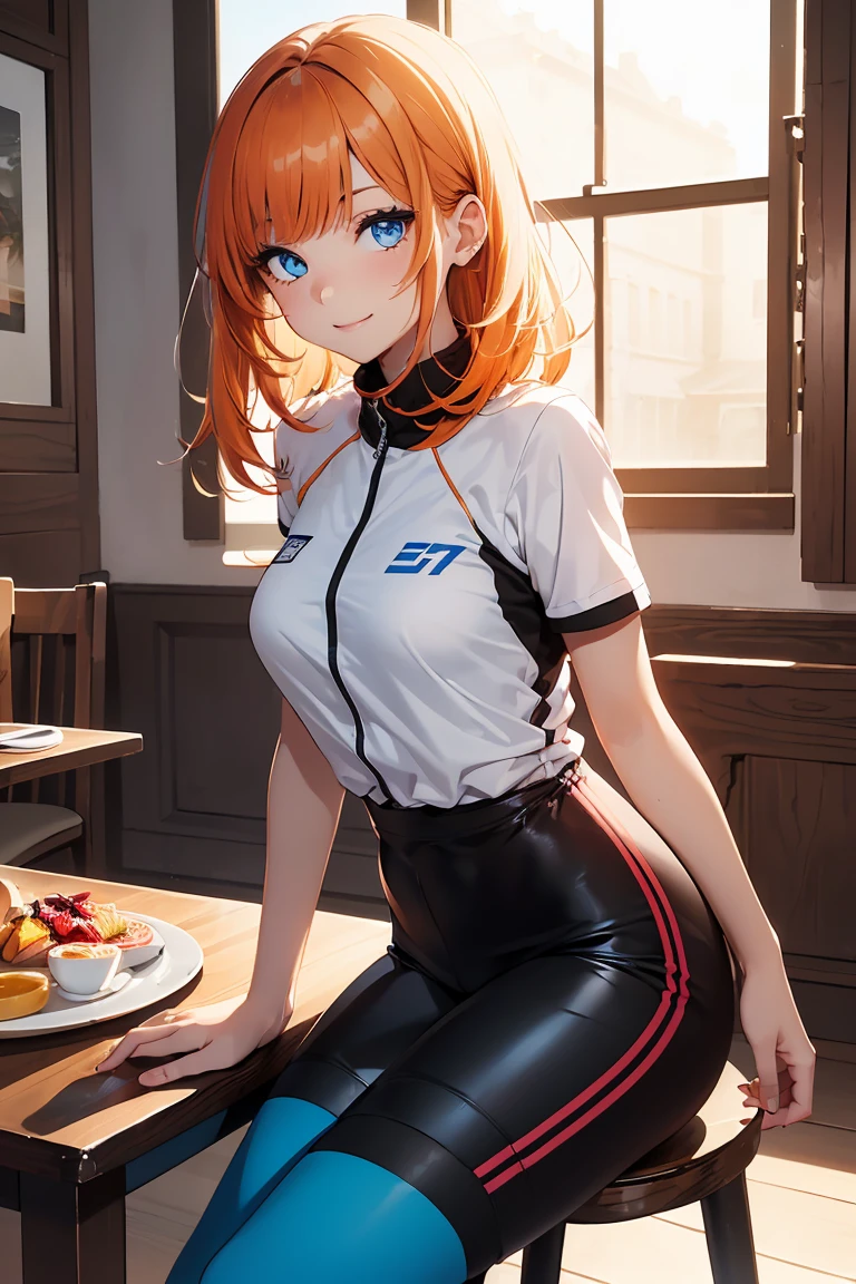 absurd, masterpiece, best quality, realistic, hyper-detailed, tennis wear, (shiny skin, sweaty:1.4), looking at viewer, 1girl, solo, white polo shirt, white sneakers, white miniskirt, ponytail, orange hair, green eyes, slender, (thick thighs:0.6), dynamic lighting, high resolution, sharp focus, depth of field, detailed eyes, sharp pupils, realistic pupils, (small breasts:0.7)