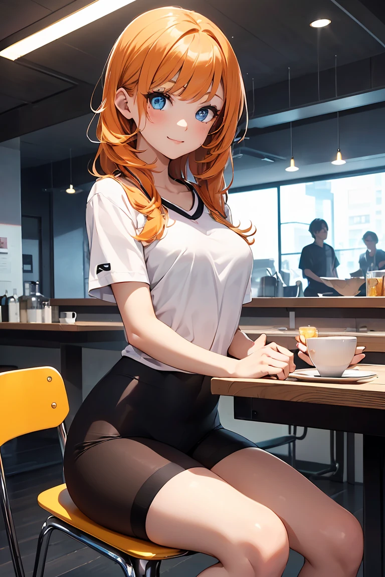 ((1 girl)), latest trend clothes, breakfast, During meals, Bright smile, Sit on a dining chair,Sportswear, Shorts,black tights,((Very detailed,highest quality, High resolution, 8k wallpaper, Beautiful clothes,)),(Dull orange hair, Shortcuts,boyish,Bouncy hair, ((Asymmetrical bangs)) ,(Bright Blue Eyes),eye shadow, eyeliner,Glow Eye, Very detailedな目, Complex eyes, Beautiful Eyes, 輝くBright Blue Eyes、17-year-old girl, Five Fingers
