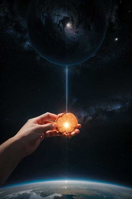 an open human hand extended in the middle of the universe shooting rays, holding a human brain in the middle that represents the human mind. 16:9 4k resolution