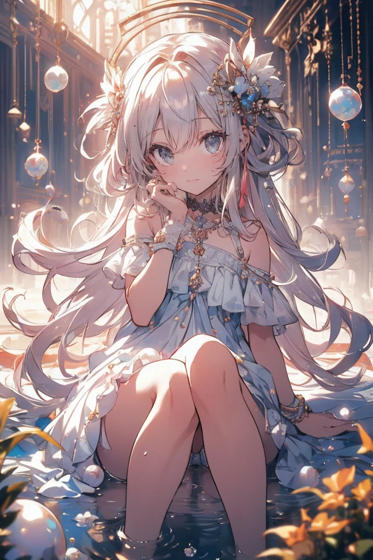 (masterpiece), (highest quality), (Very detailed),(Messy Hair),(shape), (1 girl), (Kindergarten child)Detailed and beautiful eyes,Delicate beautiful face,floating,(High saturation),(Pearl Accessories),Pearl Ball Bubble,(The Shining),Focus on the face, Sit on a pearl ball, (((Panty shot)))