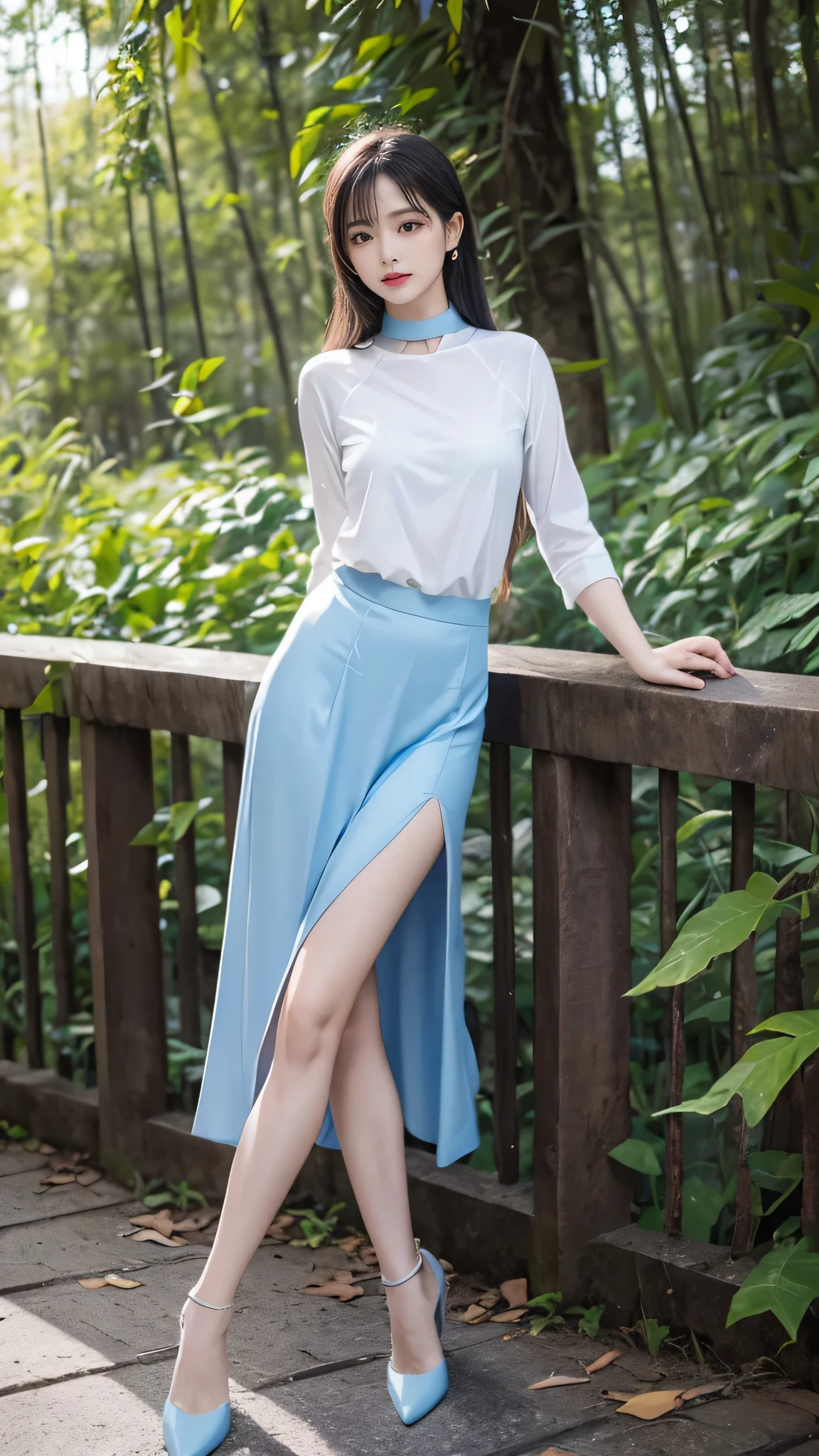 1 female々,（Standing posture:2.0）, （Legs outstretched：2.0）,（Height 2/3 is the foot:2.0）,white glossy skin, Age 25, A small, elegant face, Red lips, Parted lips, ( Hair parted to one side:1.5), blue eyes, smile, Elegant young woman, long blonde shiny hair, choker,（Blue silk blouse :1.3)（Silver metallic silk pleated skirt :1.3), (Blue pumps:1.2), Natural wavy hair, Almond Eye,Slender figure, Tight waist, Beautiful Hands, Narrow shoulders, View here, Bamboo forest at daytime