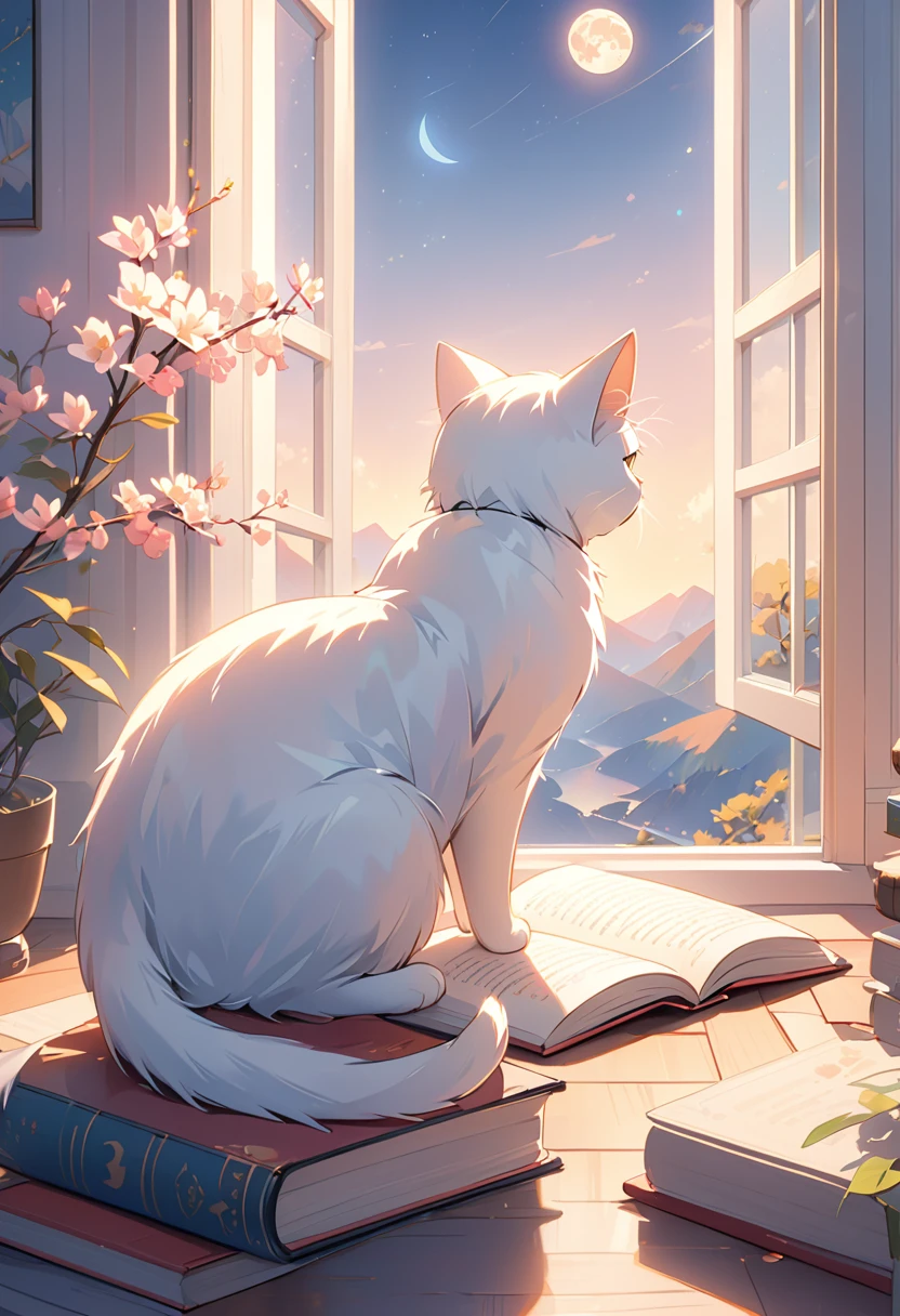 (highest quality:1.2), Beautiful lo-fi minimalist vibe, Cat, Book, window, moon, Light bokeh, Soft colors, Shine, Dynamic Side Angle, Natural soft lighting, 8k resolution, shape, pastel four colors