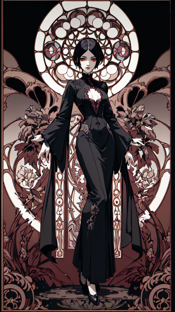 Basic Art Nouveau，Vampire woman with black hair and red eyes，short hair，young，(((Oval face)))，Dark clothing，Soft and melancholy face，Beautifully，No wrinkles，Gothic style，Synthwave meets Art Nouveau，Bold and smooth lines，Dynamic composition of organic Art Nouveau patterns，Intricate roses and patterns intertwined with geometric shapes，Characters that embody vampires Mysterious Gothic atmosphere，Feminine but calm expression，Art Nouveau pattern dress，Digital grid landscape with natural forms，Neon-like outline effect reminiscent of stained glass，White background，High contrast，Easy to color，visual clarity，French Art Nouveau，80s vaporwave art style。Maximum details，