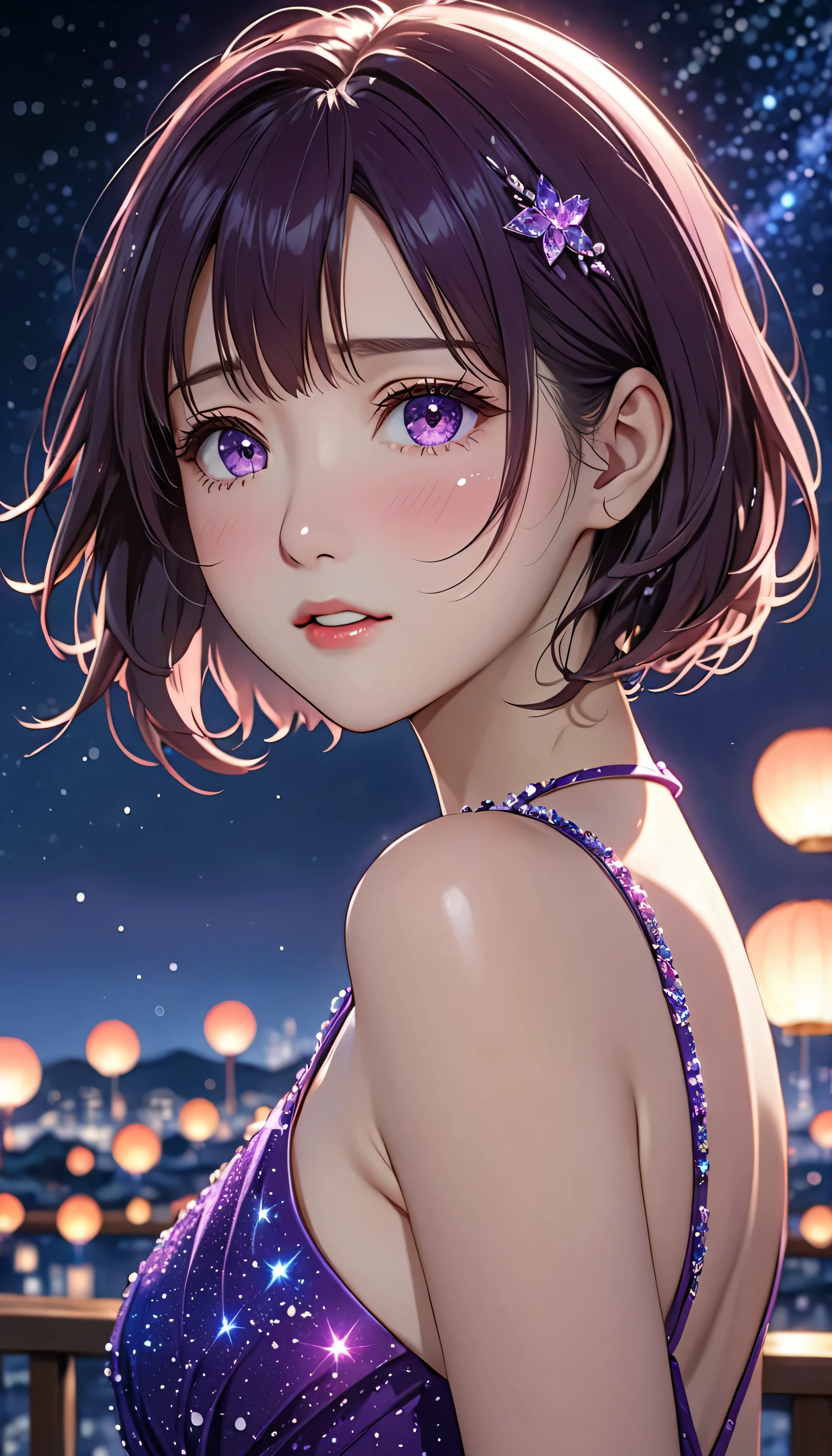 National Science Foundation,masterpiece,High resolution,8K,Art,digit,Kyoto Animation Style,your name movie style,Facing the camera,night,midnight,Light,(1 female: 1.3),(alone: 1.4),Sparkling Light Red Evening Dress,Purple Swarovski crystals on evening gown,red crystal hairpin,Long eyelashes,slender legs,short bob,sexy pose,Close-up of upper body,Close-up,close view,nightstarry sky,Eyes as deep as the starry sky,blush,shy,shy,open mouth,(((Tearing up)))