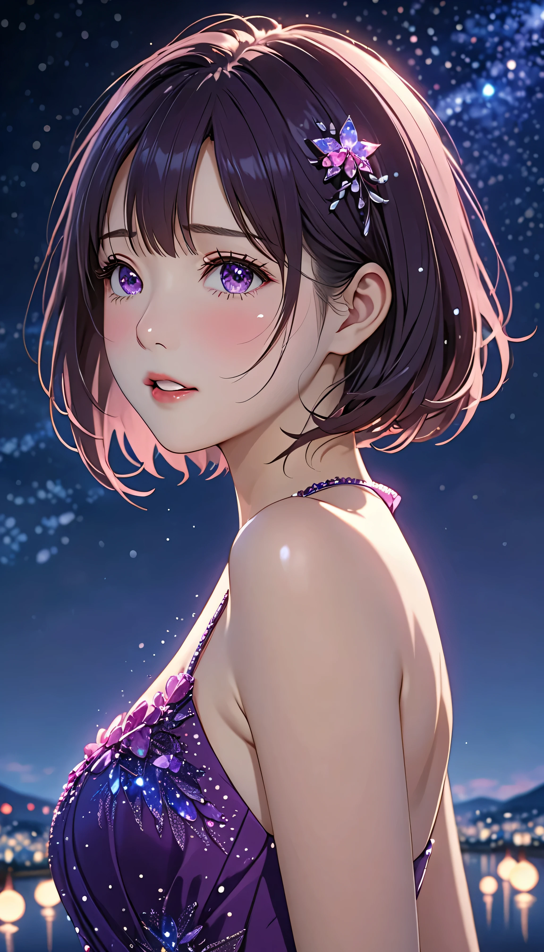 National Science Foundation,masterpiece,High resolution,8K,Art,digit,Kyoto Animation Style,your name movie style,Facing the camera,night,midnight,Light,(1 female: 1.3),(alone: 1.4),Sparkling Light Red Evening Dress,Purple Swarovski crystals on evening gown,red crystal hairpin,Long eyelashes,slender legs,short bob,sexy pose,Close-up of upper body,Close-up,close view,nightstarry sky,Eyes as deep as the starry sky,blush,shy,shy,open mouth,(((Tearing up)))