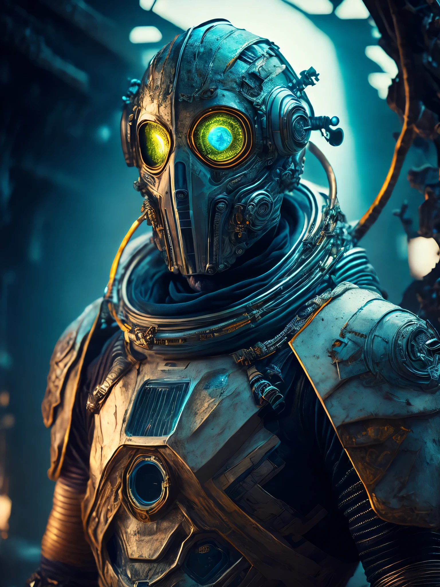 breathtaking cinematic science fiction photo of a portrait of a non human masked Grim dressed as an astronaut in metal skin, body full glowing metrics inside, glowing multicoloured eyes, multifaceted eyes, metallic arms, inside a destroyed building, extremely menacing creature, highly detailed, award-winning