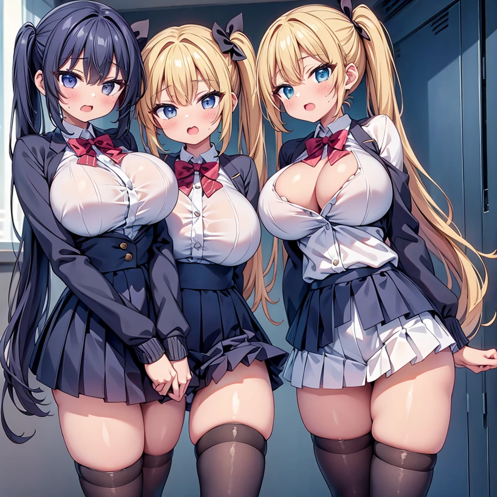 highest quality,wonderful,finely,extremely detailed CG Unity 8K wallpaper, (3 girls, side ponytail:1.1, clothed:1.1), (huge breasts), (open mouth:1.1), (long tongue:1.1), (mouth drool:1.1), (black stockings:1.1),(Thighs:1.1),(Waistline:1.1)