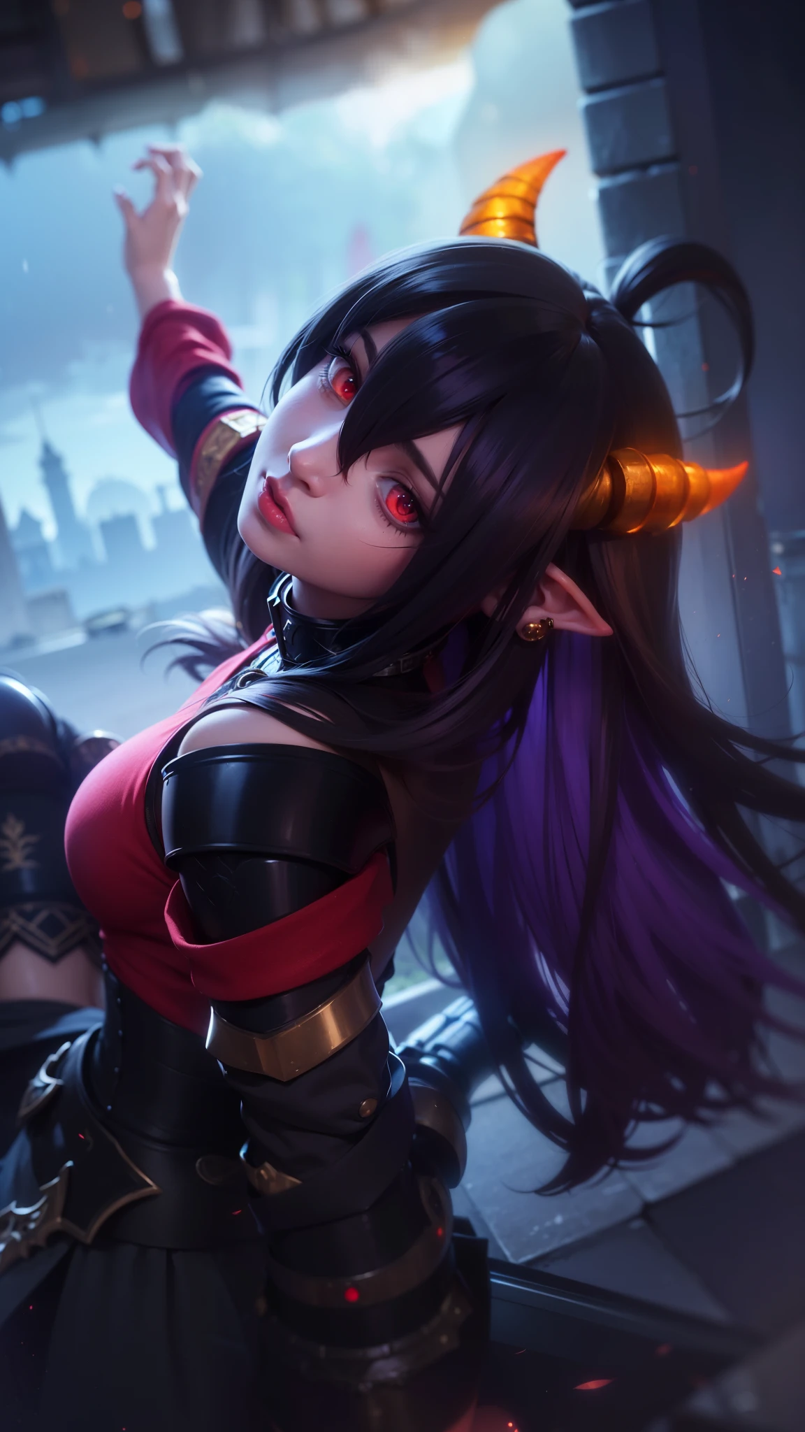(female:1.2), 8k, ultra hd, ultra detailed texture, hyper realistic, masterpiece, detailed texture, detailed face, detailed skin, detailed lighting, (photorealistic:1.5), best quality, beautiful lighting, cinematic lighting, professional lighting, ultra highres, realistic, detailed hair, real hair, high quality, (realskin:1.5), extremely detailed, finely detail, ultra-detailed, 1girl, solo, elf, pointy ears, standing, demon horns, forehead protector, (red eyes:1.5), v-shapped eyebrow, lips, red lips, evil smile, nose, make up, pretty, beautiful, cute face, long hair, blue hair, high ponytail, large breasts, cleavage, armpit, navel, stomach, black armor, pauldrons, bare shoulders, shoulder armor, thigh high, sleevless, detached sleeves, breastplate, gauntlets, karina \(mobile legends\), depth of field, looking aways, white skin, skin tight, amazing pose, outdoors, glowing, dark view, elf ears.