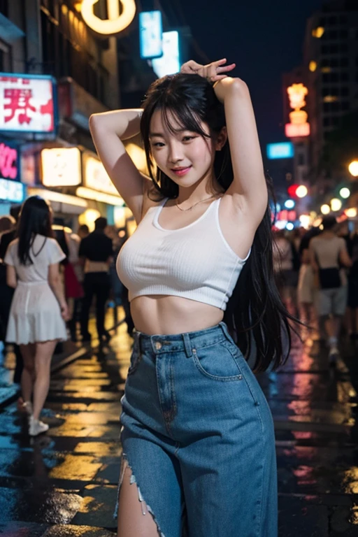 pretty asian woman dancing in the rain at outdoor nightclub laughing joyfully. open air club here is full of people dancing around her, amid colorful lights and bokeh effects, photo realistic, cinematic, movie still, summer vibes, captured in the style of Sony Alpha A7 III camera --ar 2:3 --s 500 --v 6.0