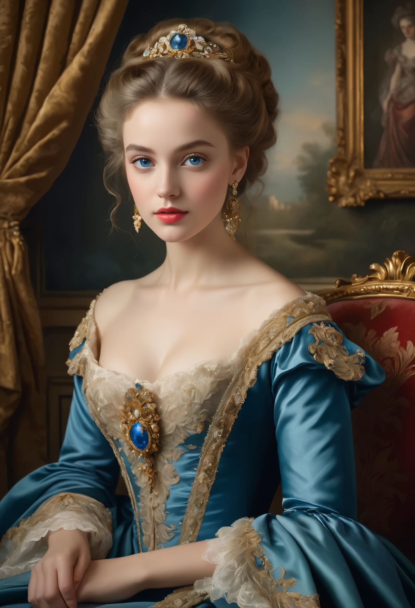 (highres,masterpiece:1.2),(realistic:1.37)A portrait of a French aristocrat girl in the 18th century with unparalleled beauty. She has mesmerizing blue eyes and delicate rosy lips. The portrait is meticulously detailed, capturing every subtle nuance of her features. She is adorned in an exquisite silk gown, embellished with intricate lace and delicate embroidery. The painting showcases the opulence of the era, with lush velvet curtains and gilded furniture in the background. The lighting is soft and diffused, accentuating the girl's ethereal beauty. The colors are vibrant and rich, creating a captivating visual experience. The portrait is created in the style of classical portraiture, reminiscent of the works of renowned artists from the era. It exudes elegance, grace, and sophistication.