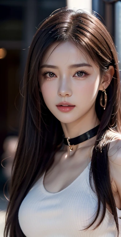 8k, Masterpiece, raw photos, best quality, realistic, Very detailed CG unity 8k wallpaper., depth of field, Cinema-grade lighting, lens flare, Ray tracing, (Very beautiful face, beautiful lips, beautiful eyes), A face with intricate details, ((Ultra-detailed skin), รูปถ่ายของสาวสวย 1 คนbest quality，(full body photo:1.4) Ultra high resolution， （realistically：1.4），Cute Hairpin，1 girl，long copper hair,cropped sweater ，Beautiful woman with a slender figure:1.4, Pronounced abdomen:1.4, on the island,A particularly detailed face，Exquisite eyes，Double eyelids，choker necklace