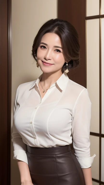 ((highest quality, 8K, masterpiece, Portraiture: 1.3)), (Watching the audience), (Full Shot:0.85), 魅力的なMature Woman, 1 person, A little chubby:0.35,Brown semi-long、 white blouse with collar,Grey tight skirt、((big breasts 2.3)) (Large pelvis:0.8), (officeチェアに座っている)), smile:0.2, president&#39;office,Good posture、(((Mature Woman))), (((56 years old)))evening、A gentle smile、A gaze that seduces viewers、

