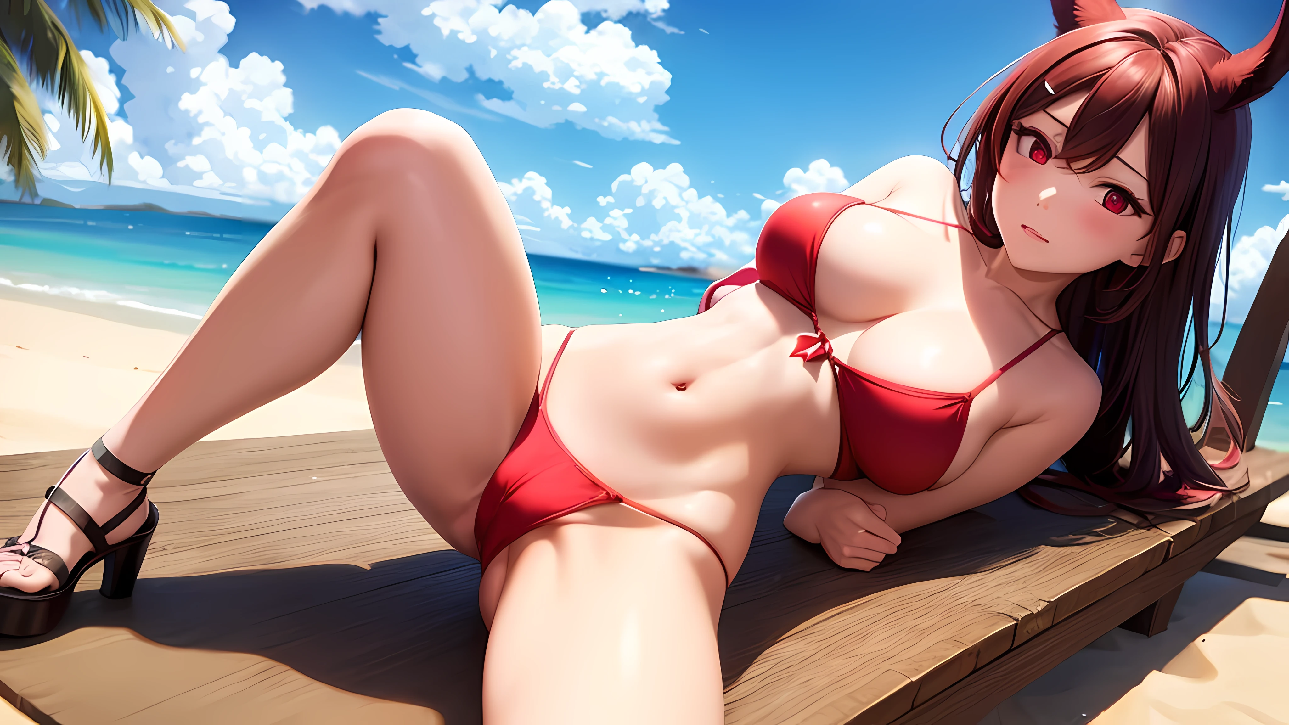 daemon anime girl. sexy. in red bikini. in a beach.