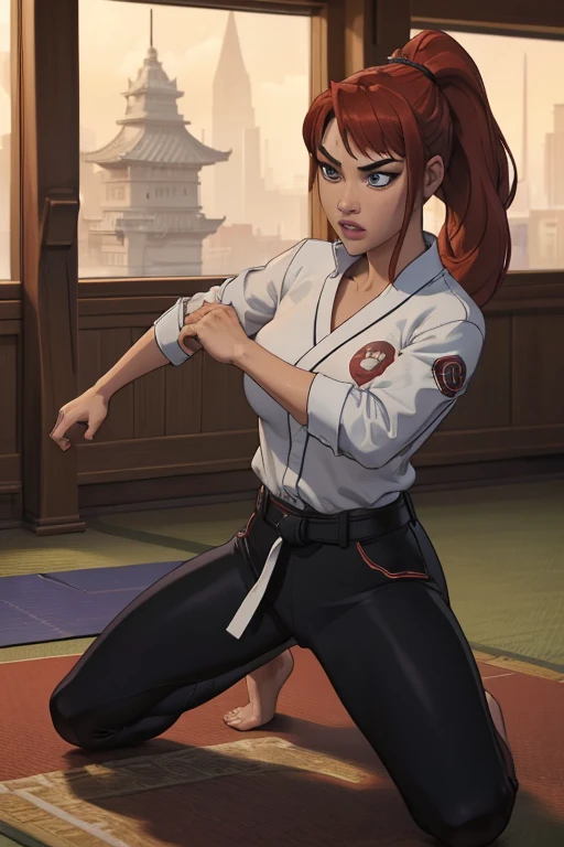 A beautiful woman, ((martial art))), masterpiece, top quality, ultra detail,((masterpiece, best quality, ultra-detailed, very fine 8KCG wallpapers)), 1girl, solo, huge breasts, long wavy messy red hair,wet , sweating, red hair, ponytail,crystal blue eyes, dougi, long sleeves, martial arts belt, black pants, barefoot, dojo, fighting pose , seiza, nice hands, perfect hands, black karate costume black