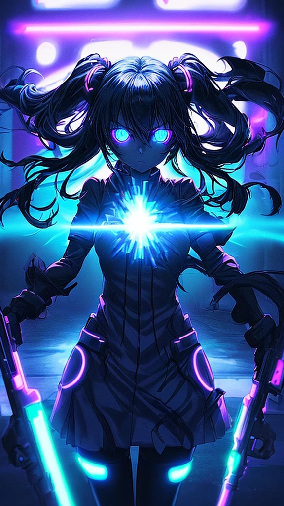 Picture an endless night, an anime girl emerges from the shadows, her face illuminated by neon lights as she grips a dark pistol firmly, ready to defend what she believes in. What drives her to face the darkness with such determination