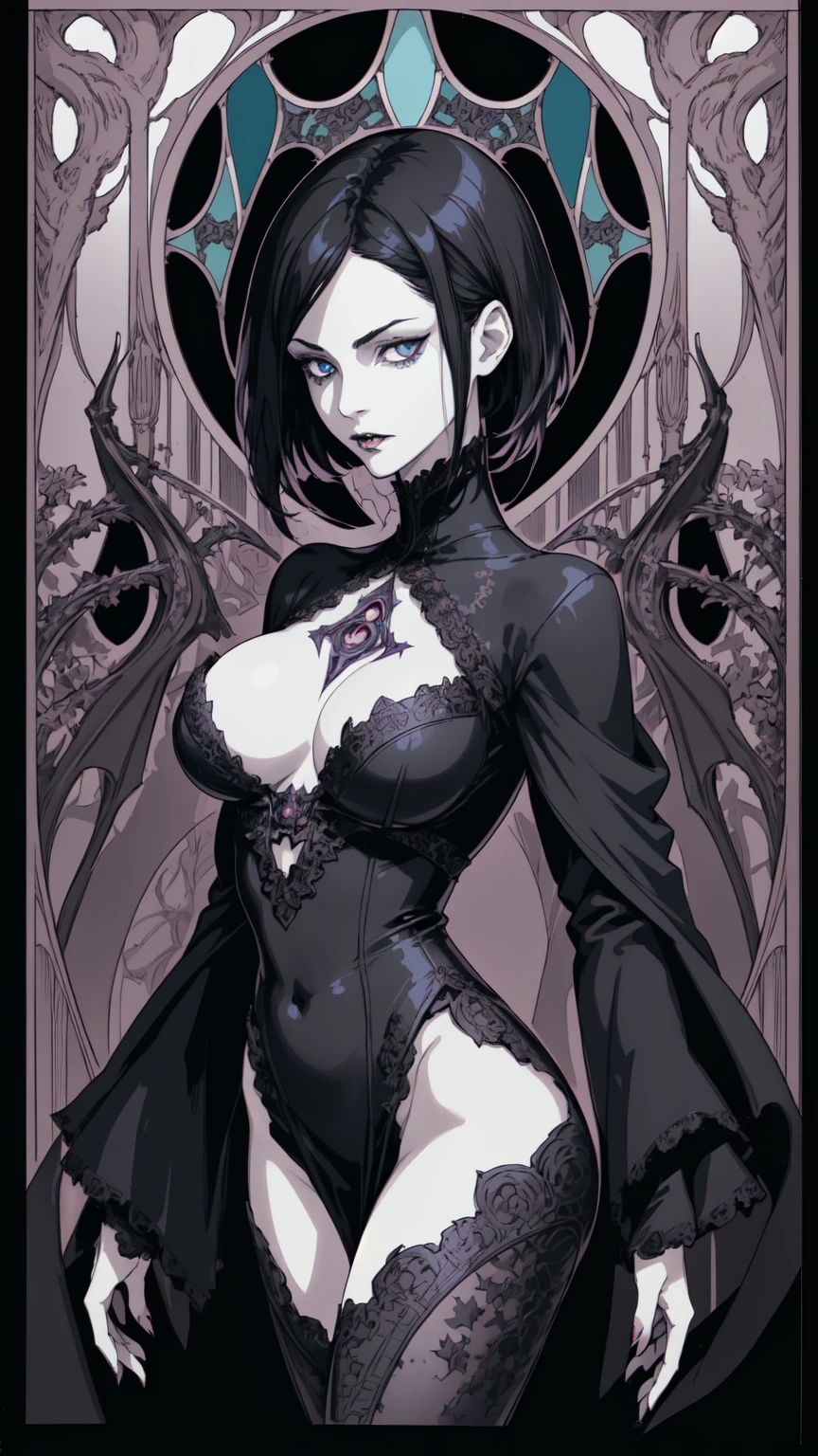 Basic Art Nouveau，Vampire woman with black hair and blue eyes，short hair，（Upper body portrait），young，(((Oval face)))，Dark clothing，Soft and melancholy face，Beautifully，No wrinkles，Gothic style，Synthwave meets Art Nouveau，Bold and smooth lines，Dynamic composition of organic Art Nouveau patterns，Intricate roses and patterns intertwined with geometric shapes，Characters that embody vampires Mysterious Gothic atmosphere，Feminine but calm expression，Art Nouveau pattern dress，Digital grid landscape with natural forms，Neon-like outline effect reminiscent of stained glass，White background，High contrast，Easy to color，visual clarity，French Art Nouveau，80s vaporwave art style。Maximum details，