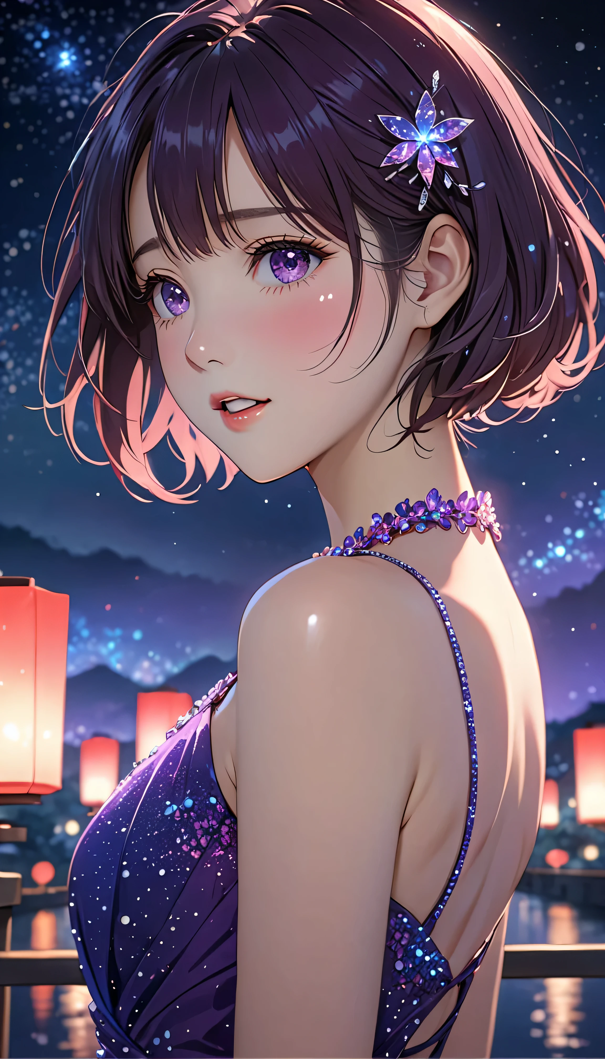 National Science Foundation,masterpiece,High resolution,8K,Art,digit,Kyoto Animation Style,your name movie style,Facing the camera,night,midnight,Light,(1 female: 1.3),(alone: 1.4),Sparkling Light Red Evening Dress,Purple Swarovski crystals on evening gown,red crystal hairpin,Long eyelashes,slender legs,short bob,sexy pose,Close-up of upper body,Close-up,close view,nightstarry sky,Eyes as deep as the starry sky,blush,shy,shy,open mouth,(((Tearing up)))