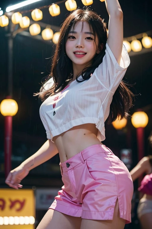 pretty asian woman dancing in the rain at outdoor nightclub laughing joyfully. open air club here is full of people dancing around her, amid colorful lights and bokeh effects, photo realistic, cinematic, movie still, summer vibes, captured in the style of Sony Alpha A7 III camera --ar 2:3 --s 500 --v 6.0