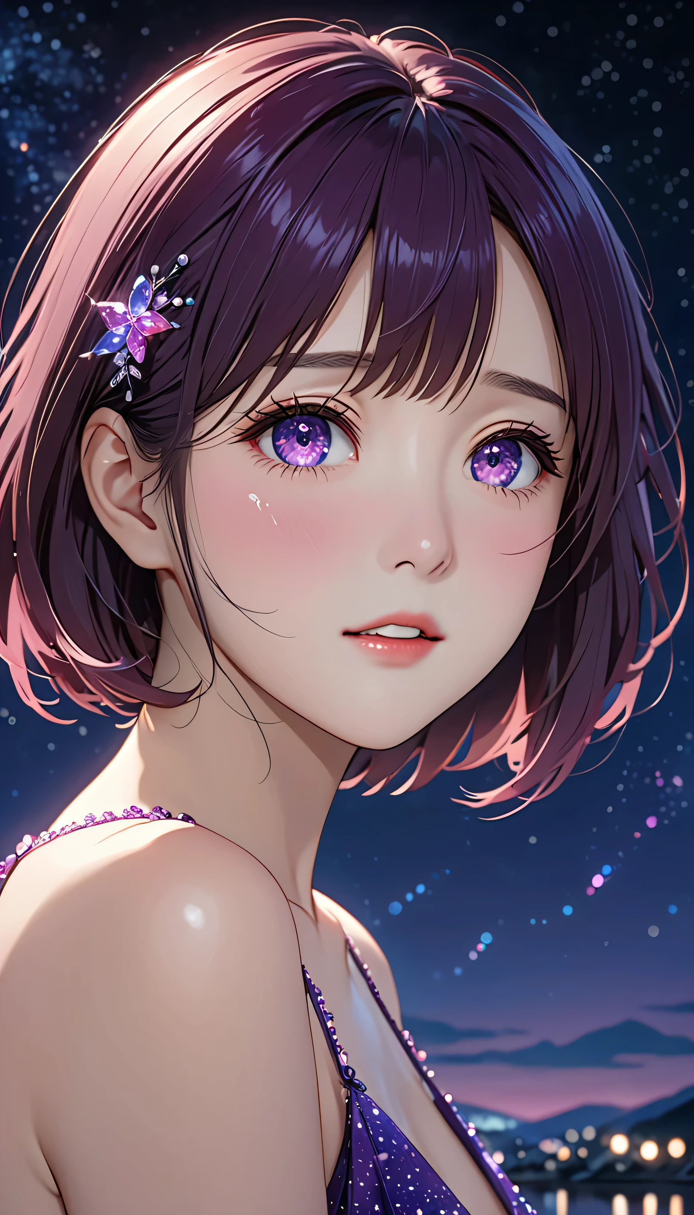 National Science Foundation,masterpiece,High resolution,8K,Art,digit,Kyoto Animation Style,your name movie style,Facing the camera,night,midnight,Light,(1 female: 1.3),(alone: 1.4),Sparkling Light Red Evening Dress,Purple Swarovski crystals on evening gown,red crystal hairpin,Long eyelashes,slender legs,short bob,sexy pose,Close-up of upper body,Close-up,close view,nightstarry sky,Eyes as deep as the starry sky,blush,shy,shy,open mouth,(((Tearing up)))