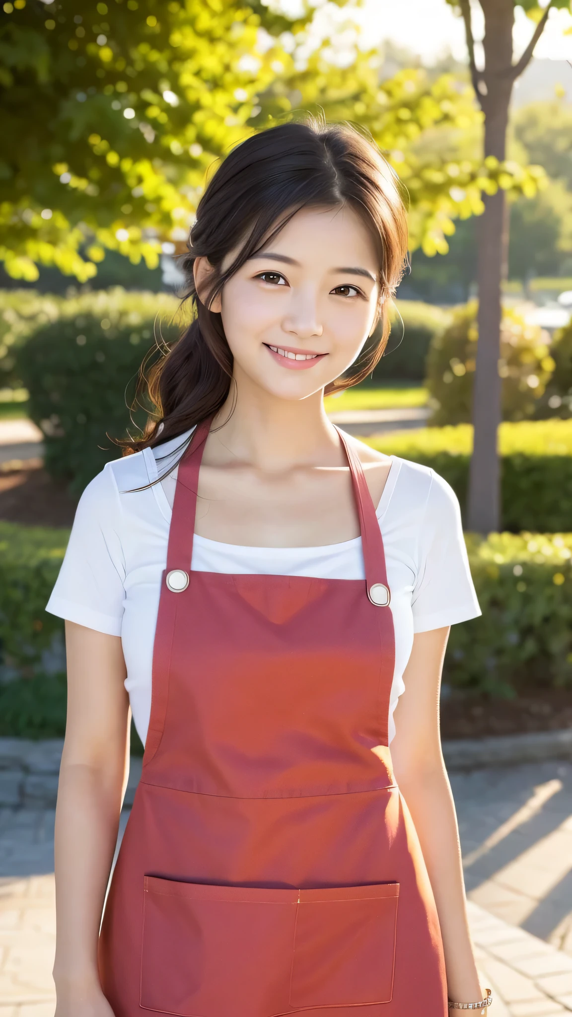 1 A woman in her 30s wearing an apron,1 4 year old girl,Beloved,cute,looking at the viewer,smile,neat clothes ,Beautiful park,subtle,very realistic,very subtle face, Detailed and smooth skin, beautiful face, masterpiece, highest resolution, best quality,perfect face,bright lights, Natural Pose,