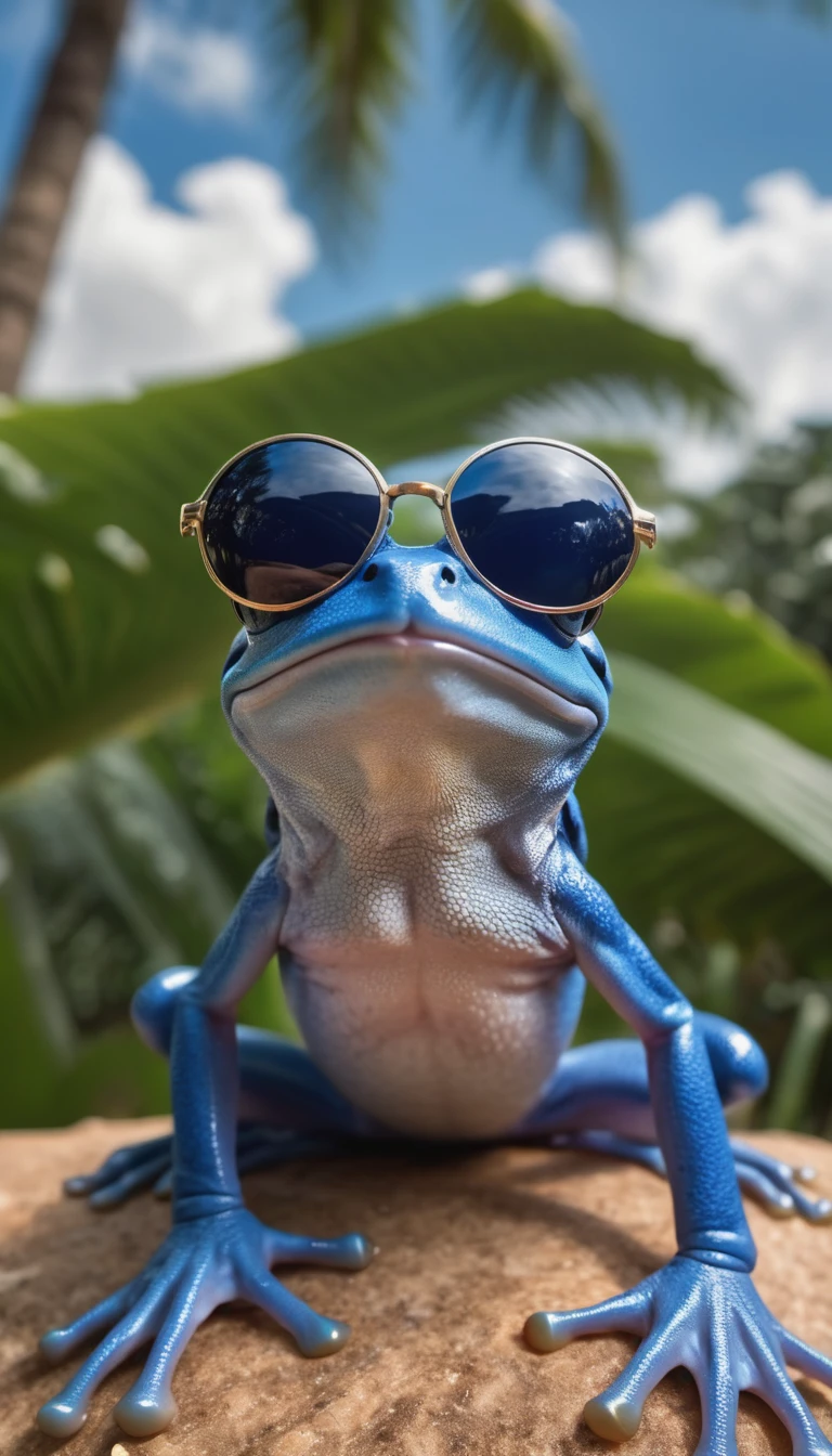 Ultra detailed photo of a blue frog wearing sunglasses under a tropical sky, daytime,|photographique, Realism is pushed to the extreme, Delicate texture, Lifelike, Movie, large format camera, Photorealism, DSLR camera, 8k ultra high definition, HDR, Super detailed, high quality, High contrast