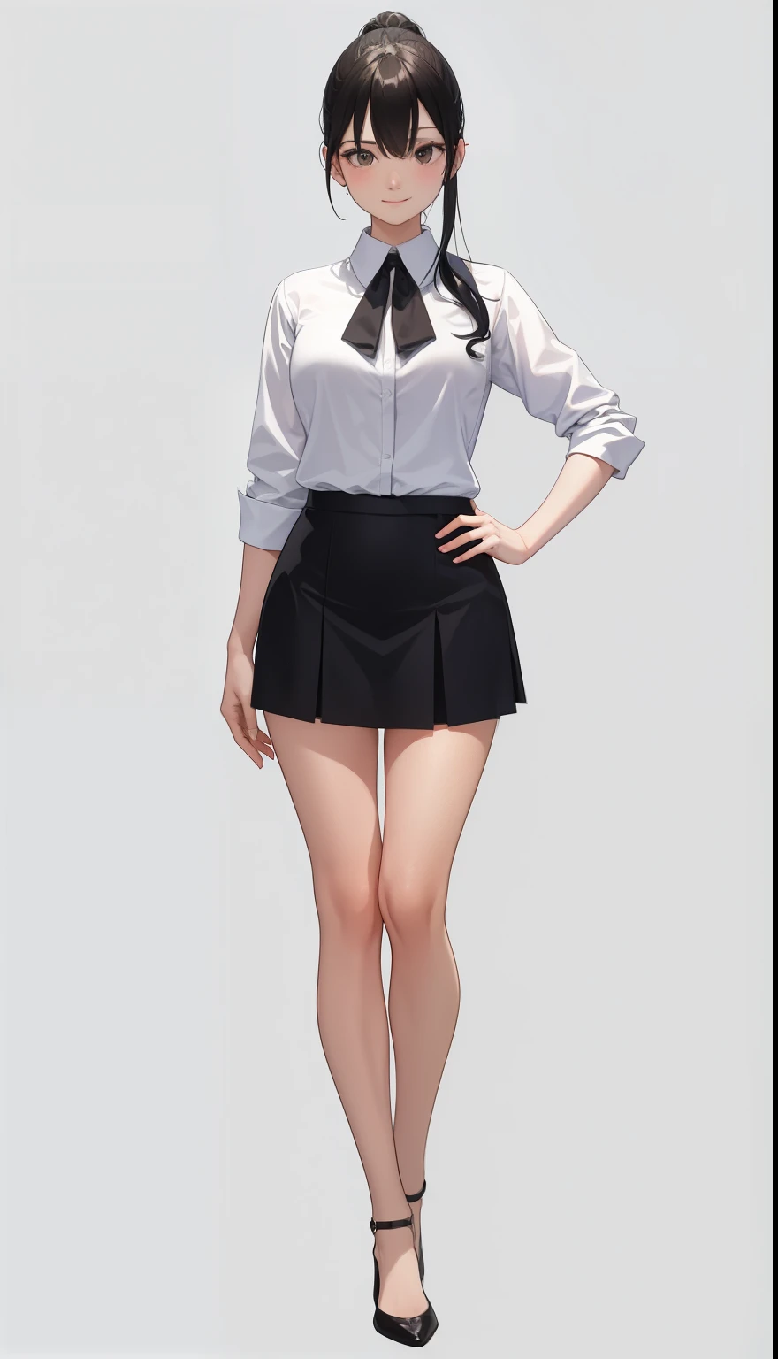aldult、AS-aldult、a smile、shirt、skirt、(Large Breasts)、Standing、Full body portrait,Hip skirt,business attire,working women,(Masterpiece Best Quality:1.2),White background,Face the lens,high ponytail,