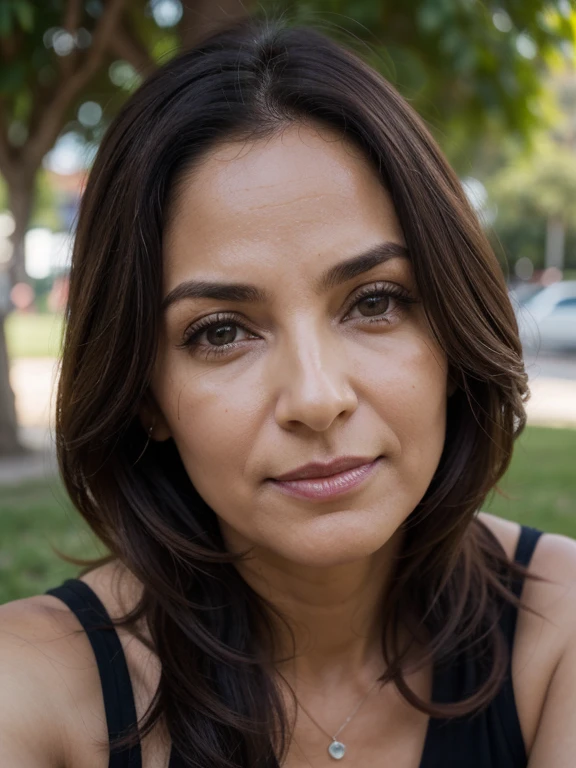 45 anos, totalmente nua, (Uma MILF:1.2), um olhar cativante, olhos verdes, (rugas no rosto:1.4), latina madura, Rugas detalhadas (8k, high resolution, ultra-qualidade, Uma qualidade de imagem ultra-alta, Ultrarealistic, melhor qualidade:1.2) (peito grande em forma de D:1.1), (Mature woman from Colombia), eyes visible through hair, com cabelo grisalho prateado, cabelo cortado, proper eye position, Cinematic Light, luz suave, parte inferior das costas, night time, fundo graduado em cores detalhadas, Convoluto, Altamente detalhado, 8k, corpo inteiro, posing like a prostitute in the public park next to a tree, despida, looking directly at the camera, intrigante