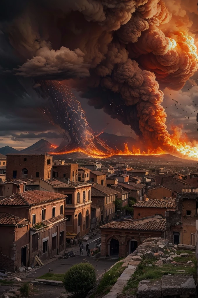 Masterpeice, in the chilling dawn of 79 AD, the skies above Pompeii are painted with a terrifying canvas as Mount Vesuvius erupts, unleashing destruction. Massive, fiery pyroclastic flows surge down the slopes, engulfing the city in a catastrophic embrace. The Tyrrhenian Sea reflects the fiery glow, mirroring the apocalypse unfolding on land. The scene captures a dramatic and historic event, surrounded by an atmosphere of an imminent end of days, where nature's fury reclaims all in its path, 16K, ultra high res.photorealistic, UHD, RAW, DSLR, wide angle