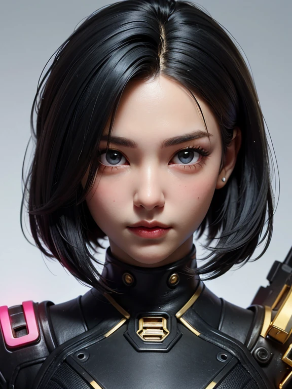 (High resolution), (Ultra delicate), (clear), Realistic,((A girl with black hair and gold inner color)).((cyber punk)),face,Skin realism、A fusion of Japanese style and the near future、Black pupil
、Figure-like texture
