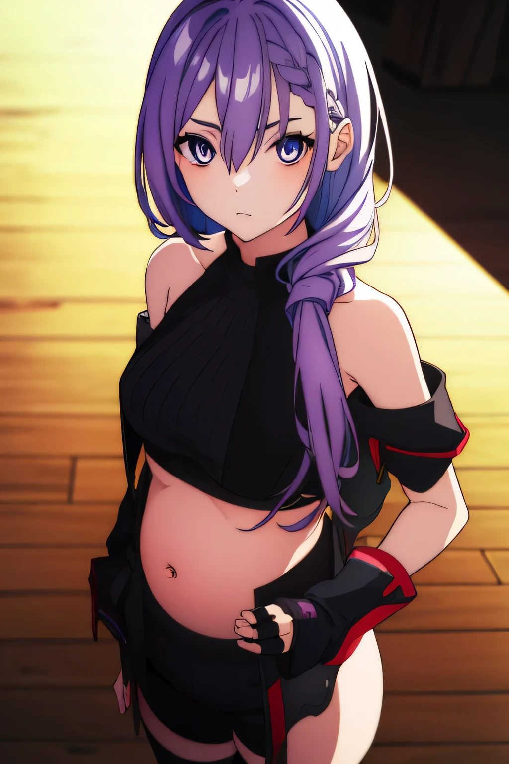 iseleveluna, luna, long hair, purple hair, braid, hair between eyes, braided bangs,
BREAK thighhighs, gloves, shorts, midriff, fingerless gloves, thighhigh,
BREAK (((looking at viewer)),
BREAK outdoors,
BREAK (masterpiece:1.2), best quality, high resolution, unity 8k wallpaper, (illustration:0.8), (beautiful detailed eyes:1.6), extremely detailed face, perfect lighting, extremely detailed CG, (perfect hands, perfect anatomy), pregnant