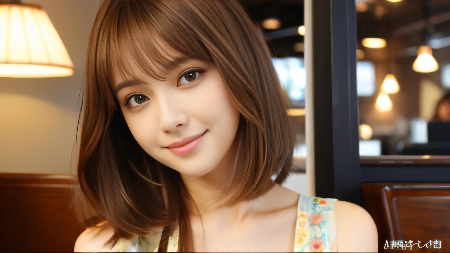 masterpiece、highest quality、High resolution、Tabletop、wallpaper、Realistic、Bright lighting、Professional Lighting、Face Light、smooth lighting、Japanese women、Adult、Beautiful woman、action、gravure、sexy、poor、so beautiful、Beautiful Skin、Beautiful and detailed、Detailed face、slim、moderately、short hair、Brunette colored hair、Brown eyes、Looking at the camera、Let me'play the ukulele、Photographed inside the cafe,