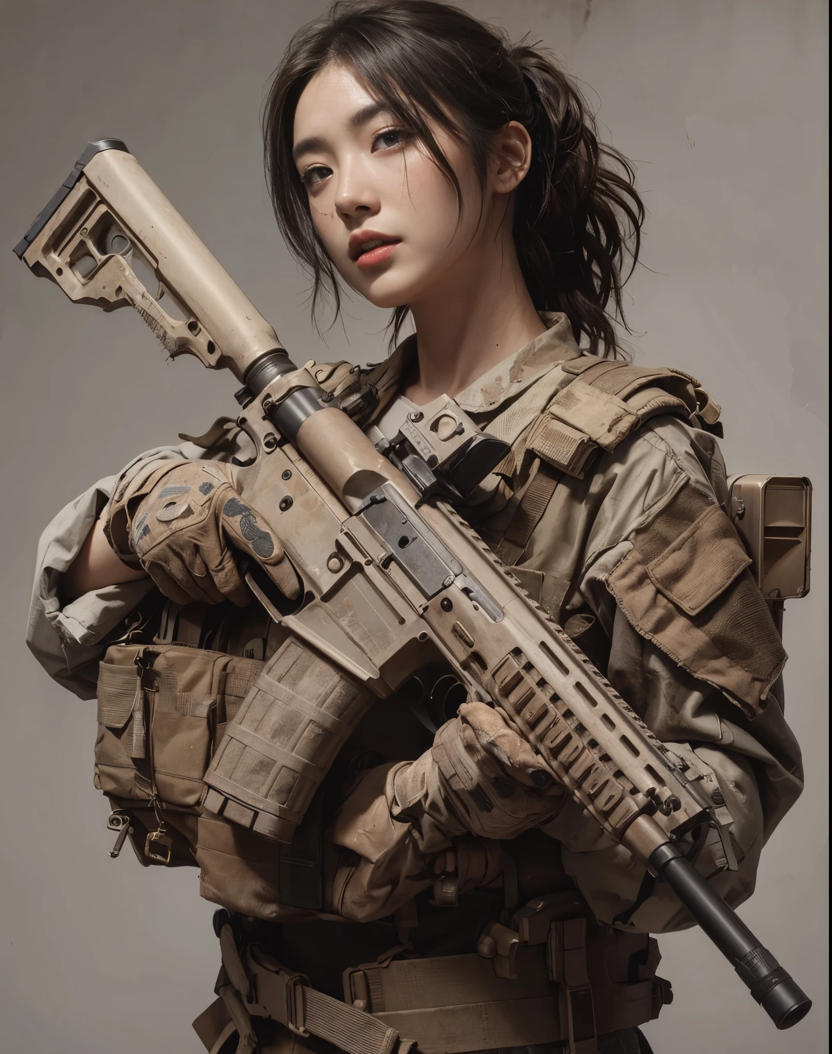 Dirty Face、Realistic skin texture、Automatic rifle、８K,Concrete wall